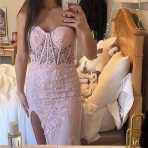 Pink Lace Strapless Prom Dress Brand: Sophia Thomas